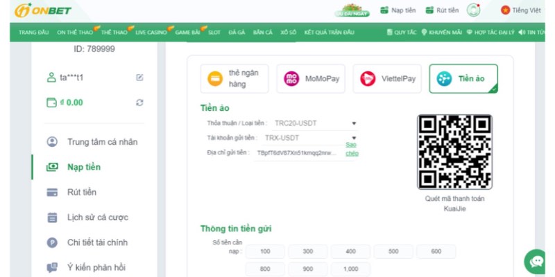 Nạp Tiền Nạp tiền trên Onbet bằng nhiều hình thức